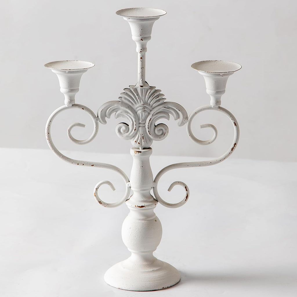 Pillar Candle Stand 3 Arm Candelabra Iron White Candle Holders Centerpiece, Rustic Classy Candlestick Holder 15 Inch