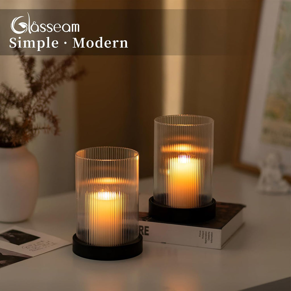 Hurricane Candle Holder 2Pcs Black Candle Tray with Glass Cylinder | 3.94''x5.71'' Ribbed Open-End Sleeve, Fit 4''