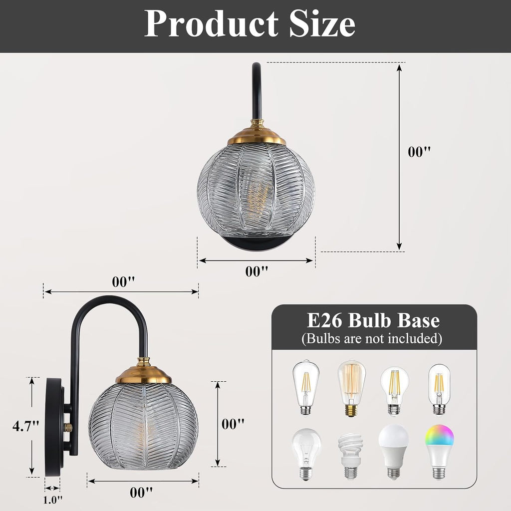 Bathroom Vanity Light Fixtures, 1-Light Smoky Gray Glass Shade, Modern Black and Gold Wall Sconce, Unique Textured