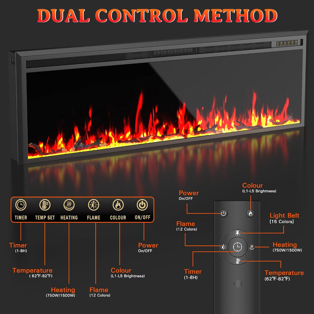 70" Electric Fireplace with Mantel for 60" Insert, Ultra-Thin 5.5" Surround, 750/1500W Heater with 12 Flame Effects
