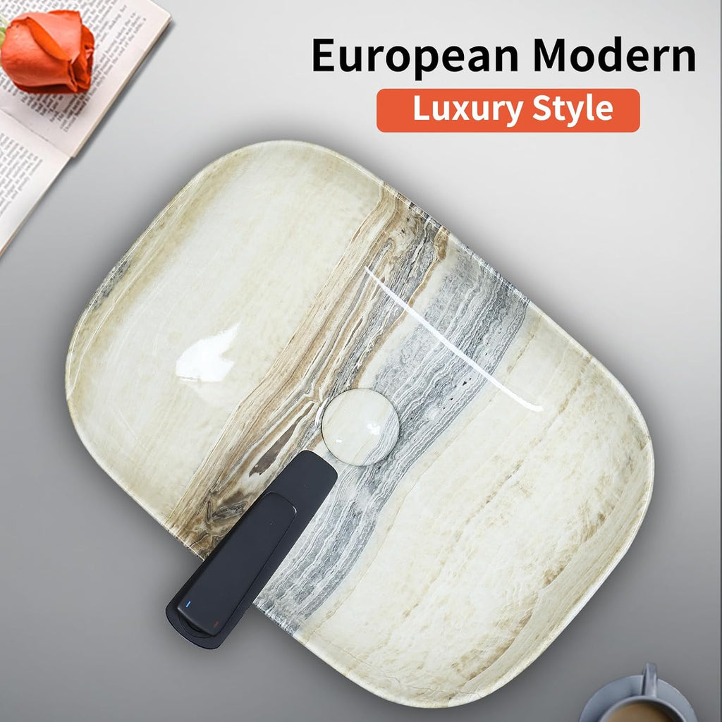 18.3"×13" Marbling Rectangle Bathroom Vessel Sink with Pop Up Drain,Nordic Ceramic Vessel Sinks,Bathroom Sinks