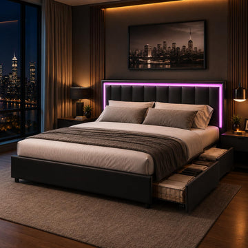 King Size Bed Frame with Headboard and 4 Storage Drawers, Faux Leather Upholstered Platform Bed with LED Lights