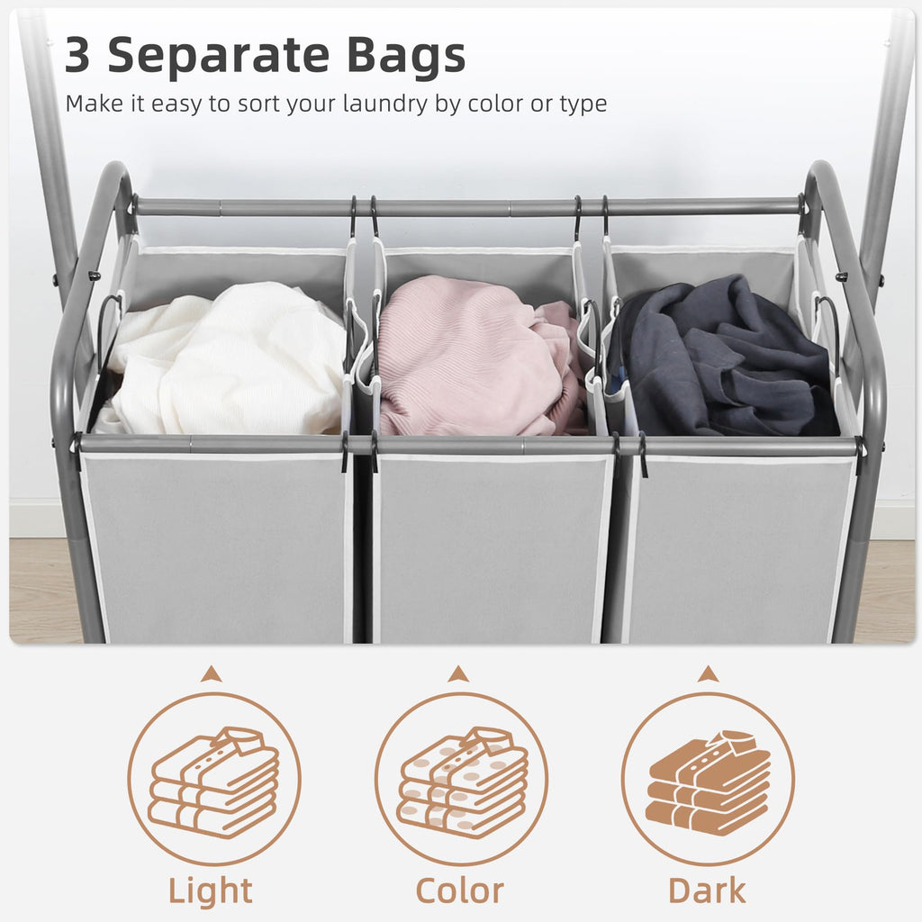 Laundry Sorter with Hanging Bar, Portable, Removable Laundry Hamper Cart with Heavy Duty Rolling Lockable Wheels