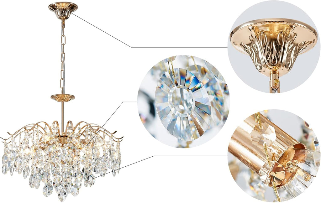 6-Light Gold Crystal Chandeliers, Middle Century Dining Room Light Fixture, Modern Pendant Light for Living Room, D20 x H17, Adjustable Chains 59", Chopper Finish Metal Frame
