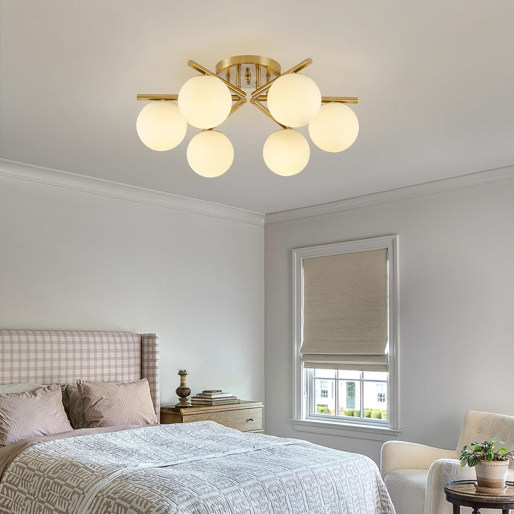 6 Lights Sputnik Ceiling Light Fixture,Semi Flush Mount Ceiling Light Sputnik with Milk Glass Globe, Brushed Brass