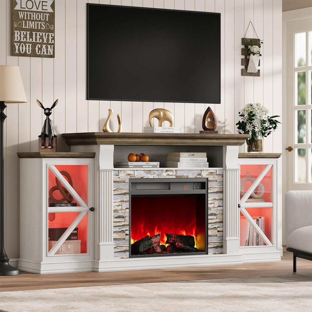 Electric Fireplace TV Stand, 70" Farmhouse Entertainment Center with Open Shelf and Glass Barn Door Cabniet, Modern