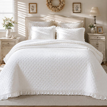 White Quilt Set, Oversized Ruffle Farmhouse Bedding