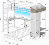 Bunk Bed Twin Over Twin with Hall Tree, Charging Station and LED Lights, L-Shaped Bunk Bed with Desk