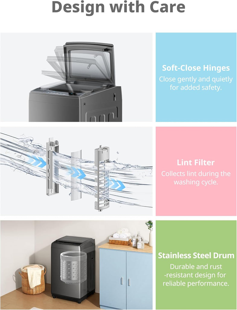 1.6 Cu.ft Portable Washing Machine, 11lbs Capacity Fully Automatic Compact Washer with Wheels, 6 Wash Programs Laundry