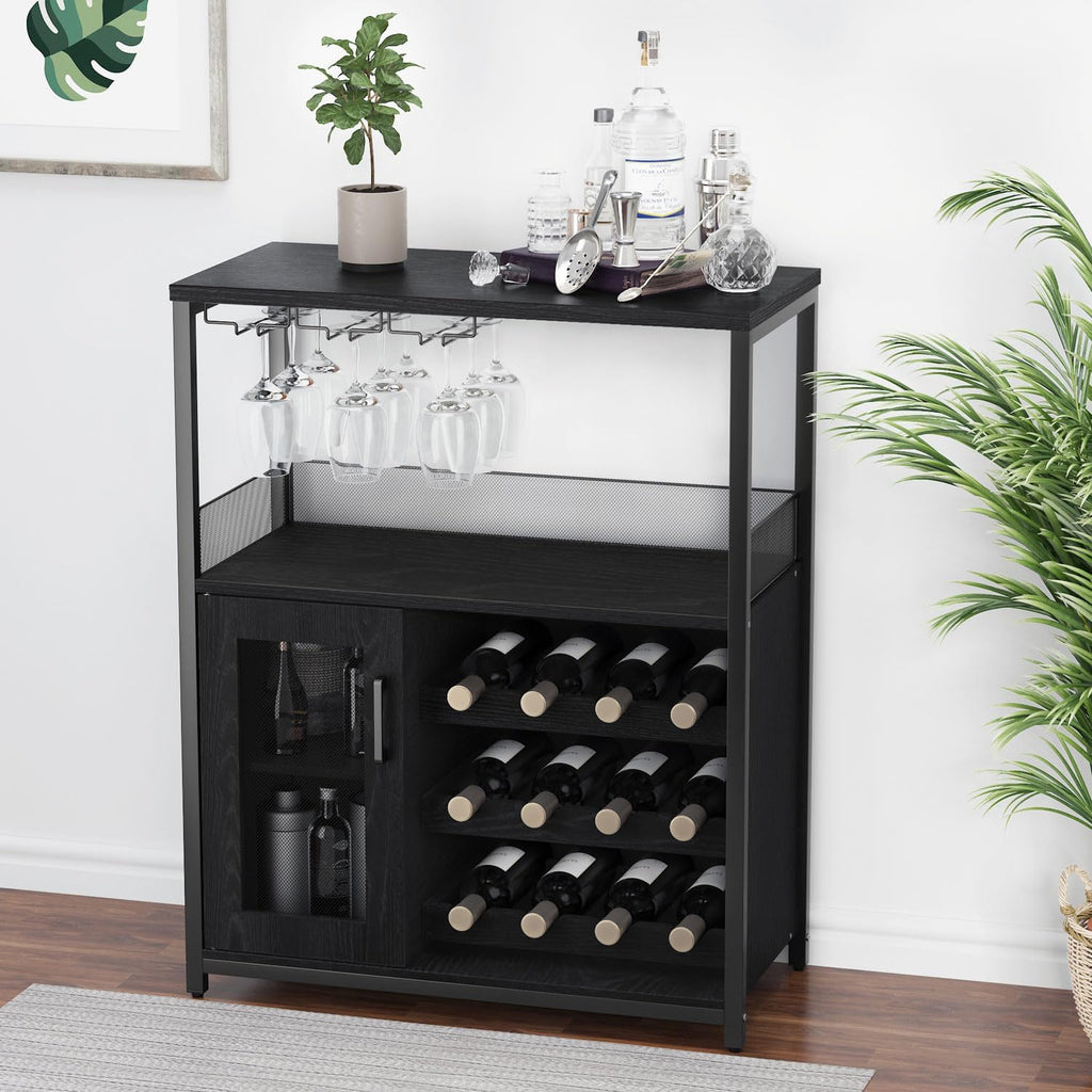 Coffee Wine Bar Cabinet with Storage and Detachable Rack | Farmhouse Sideboard and Buffet Cabinet with Glass Holder
