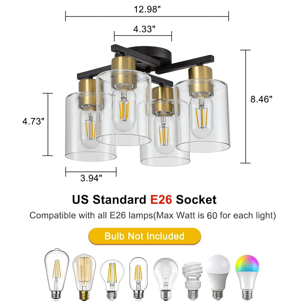 4-Light Semi Flush Mount Ceiling Light, Black and Gold Kitchen Lighting Fixtures Ceiling, Farmhouse Ceiling Light
