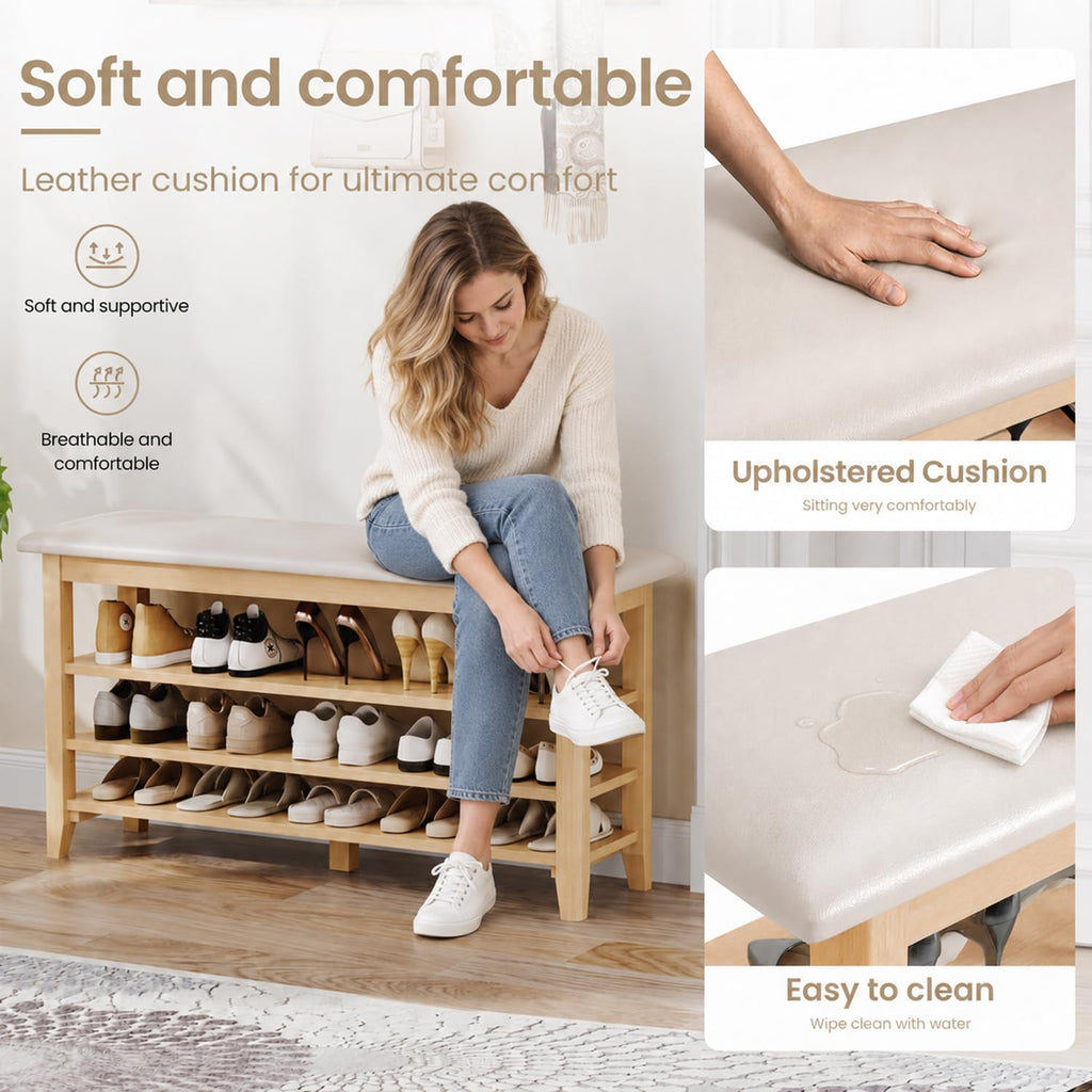 Solid Wood Shoe Rack Bench Entryway with Leather Cushion 39.3"