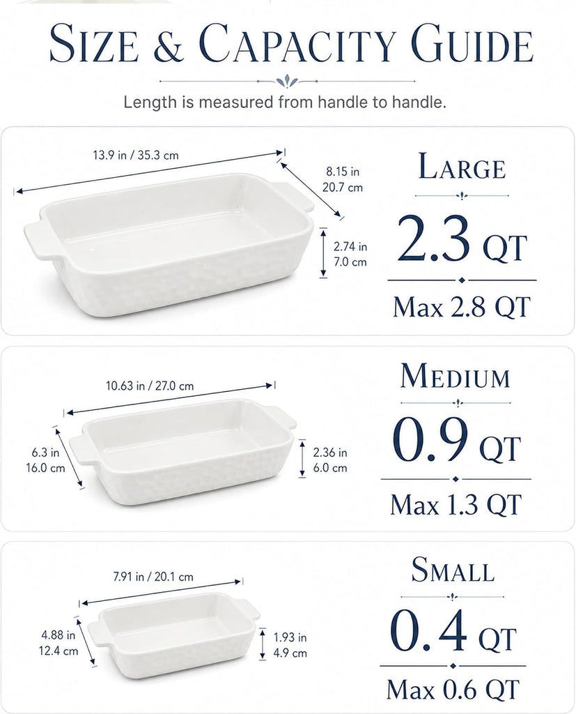 Ceramic Dish Set of 3, Casserole Dishes for Oven | Rectangular ceramic dishes with handles for lasagna, pasta, sides