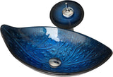 23"x14" Blue Bathroom Vessel Sink, Leaf Shape Tempered Glass Sinks And Faucet Combo