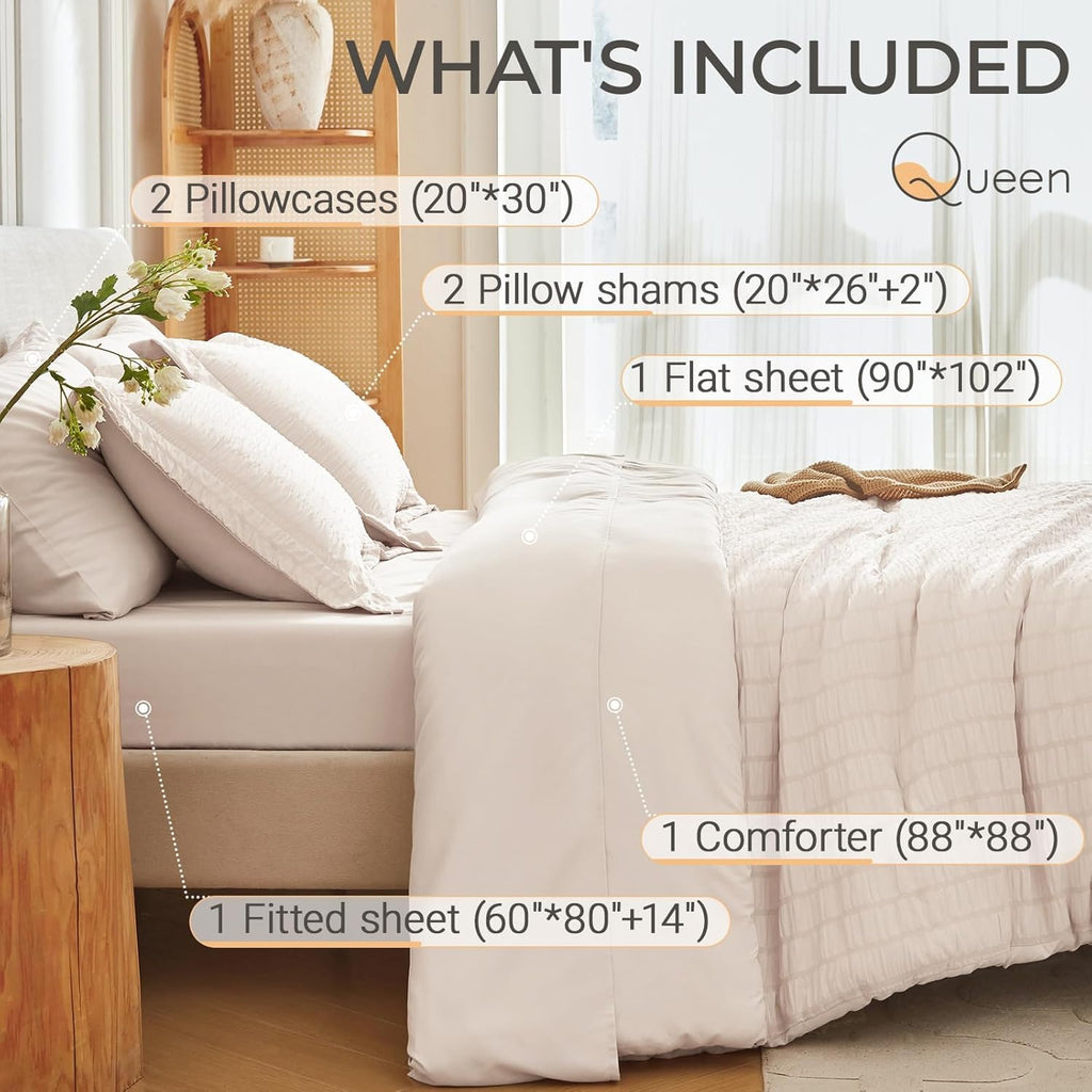 7 Pieces Comforter Set, Seersucker Bed in a Bag, All Season Luxury Bedding Set with Comforter, Flat Sheet