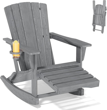 Adirondack Rocking Chair with Retractable Ottoman,Outdoor Folding Adirondack Chair with Cup Holder,HDPE All-Weather