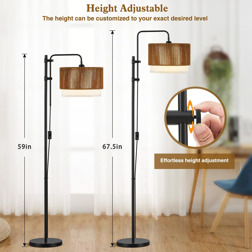 Rattan Floor Lamp, Adjustable Height Standing Lamp