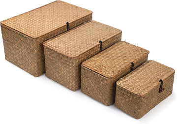 Wicker Basket with Lid, Seagrass Storage Basket, Woven Baskets for Storage, Decorative Storage Baskets for Shelf