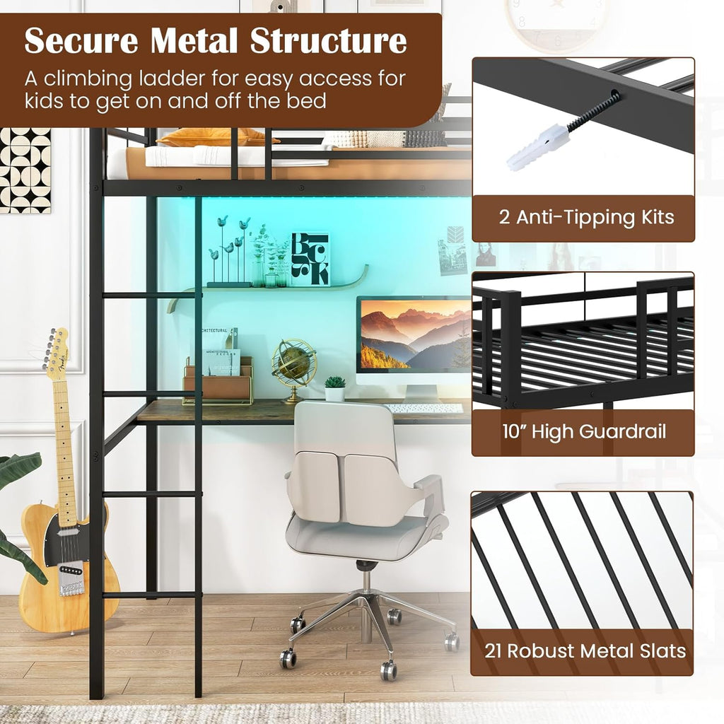 Twin Loft Bed with L-Shaped Desk & Storage Shelves, Metal Loft Bed with Power Outlet & LED Lights, Anti-Tipping Kits
