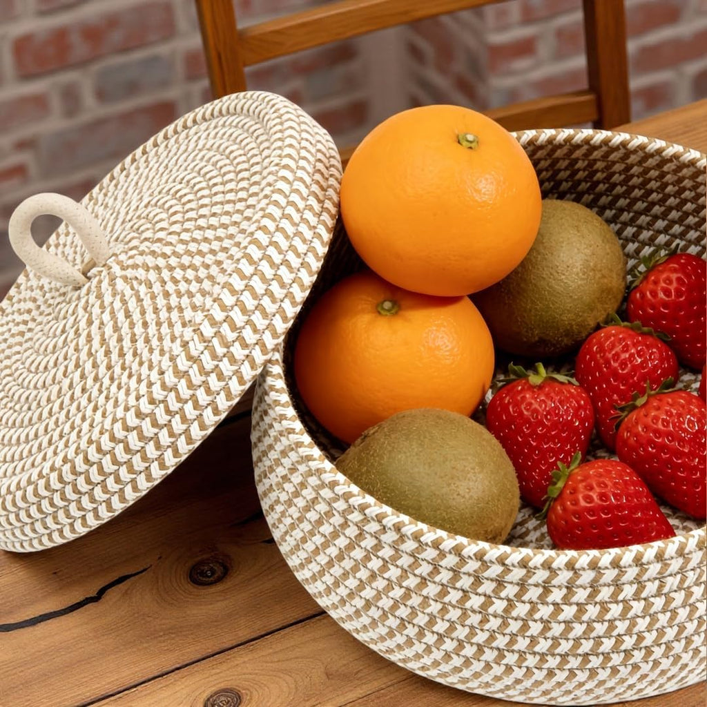 Cotton Rope Storage Basket with Lid, Woven Woven Storage Bin Empty Gift Basket Egg Holder Jewelry Box Cosmetic