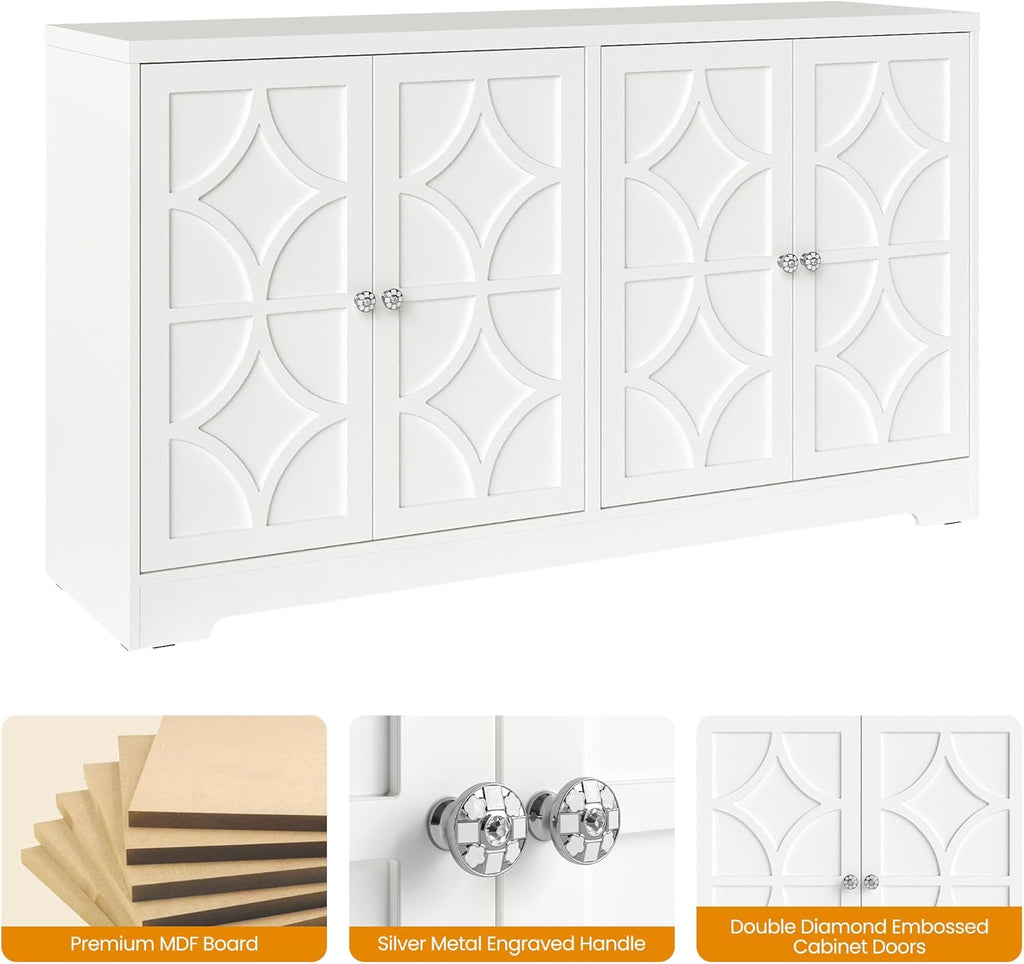 Sideboard Buffet Cabinet with Storage, 56" Modern Sideboard with 4 Carved Doors and Adjustable Shelves