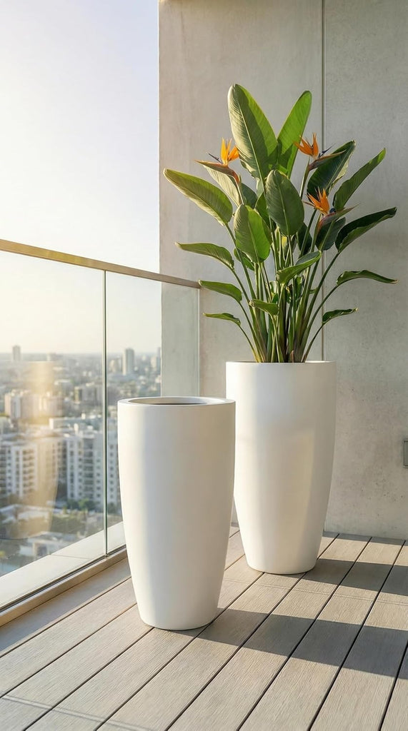 Tall 36" White Fiberglass Planter - Large Modern Lightweight Tapered Round Indoor/Outdoor Elegant Decorative Pot for