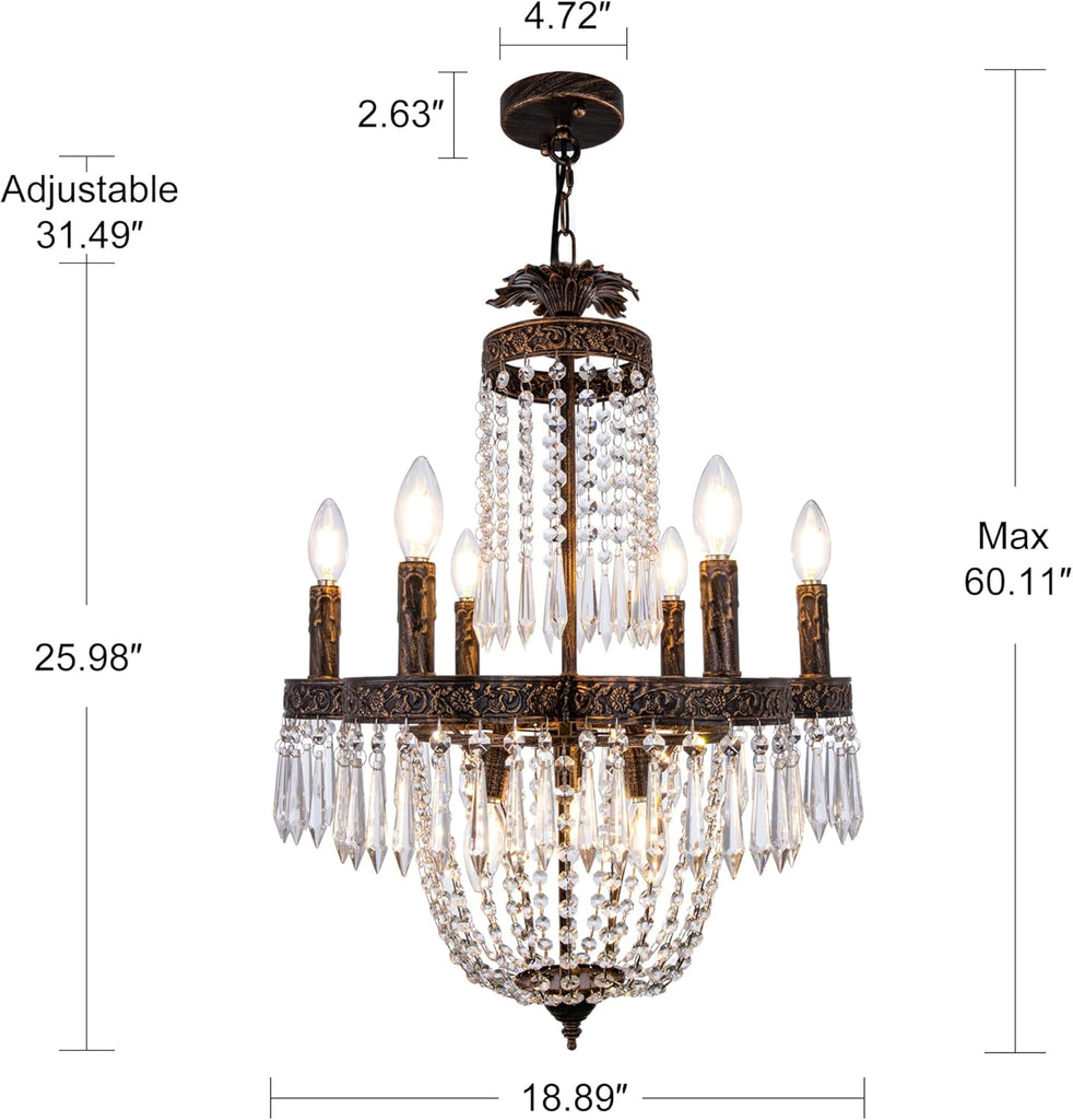 Crystal Chandelier,9 Lights French Empire Crystal Chandelier,Rustic Farmhouse Pendant Chandeliers Lighting,Adjustable Antique Bronze Ceiling Light Fixture for Dining Living Room Bedroom Foyer