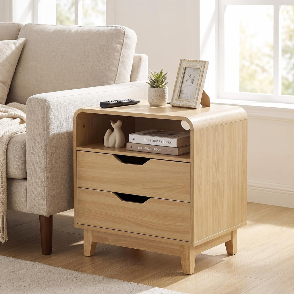 Nightstand with Charging Station, Modern Night Stand with LED Light, 23.6" Wide Wood Bed Side Table Bedroom, Large