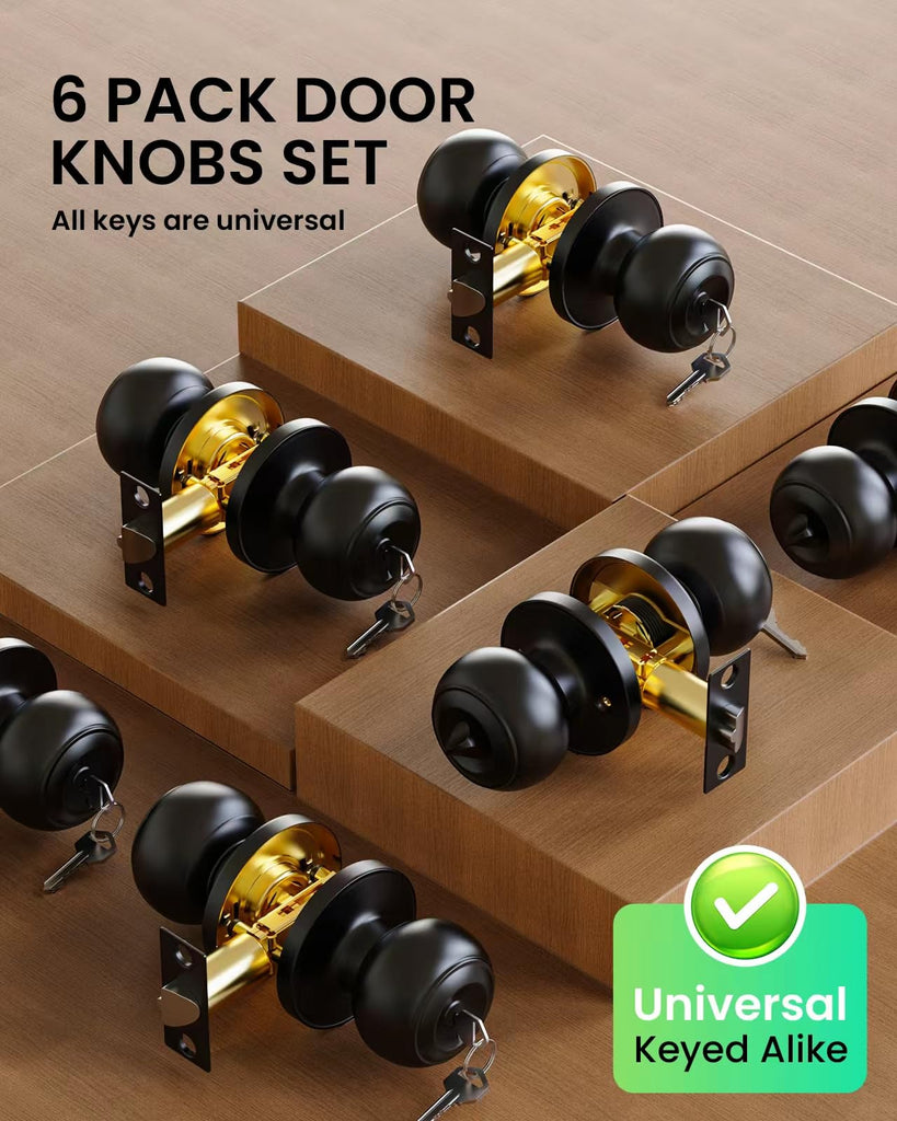 6 Pack Door Knob with Lock, Keyed Same Entry Door Knobs, Interior and Exterior Round Ball Door Lock for Front Bedroom
