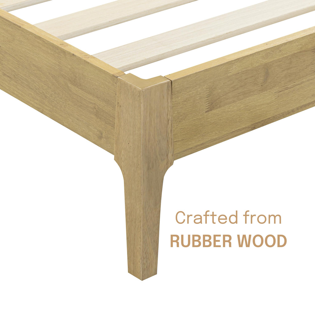 Ruby Wooden Bed Frame with Headboard and Natural Rattan, Solid Oak Foundation with Silent Slats, 1000 Lb Capacity
