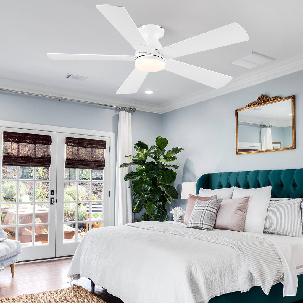 52in Ceiling Fans with Lights - White Flush Mount Ceiling Fan Light with Remote, 6 Wind Speeds and Reversible, Modern Low Profile Fan Light for Indoor/Covered Outdoor
