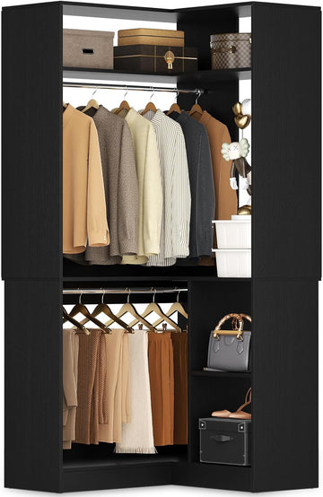 Corner Closet System with Shelves, Closet Organizer System with Hanging Rods, Wood Walk-in Closets for Corner Small
