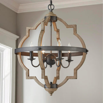 4-Lights Farmhouse Chandelier for Dining Room, Rustic Globe Black Chandeliers for Dinging Room, Orb Drum Chandeliers Light Fixtures, H22 x D20, Wood Grain Metal Frame