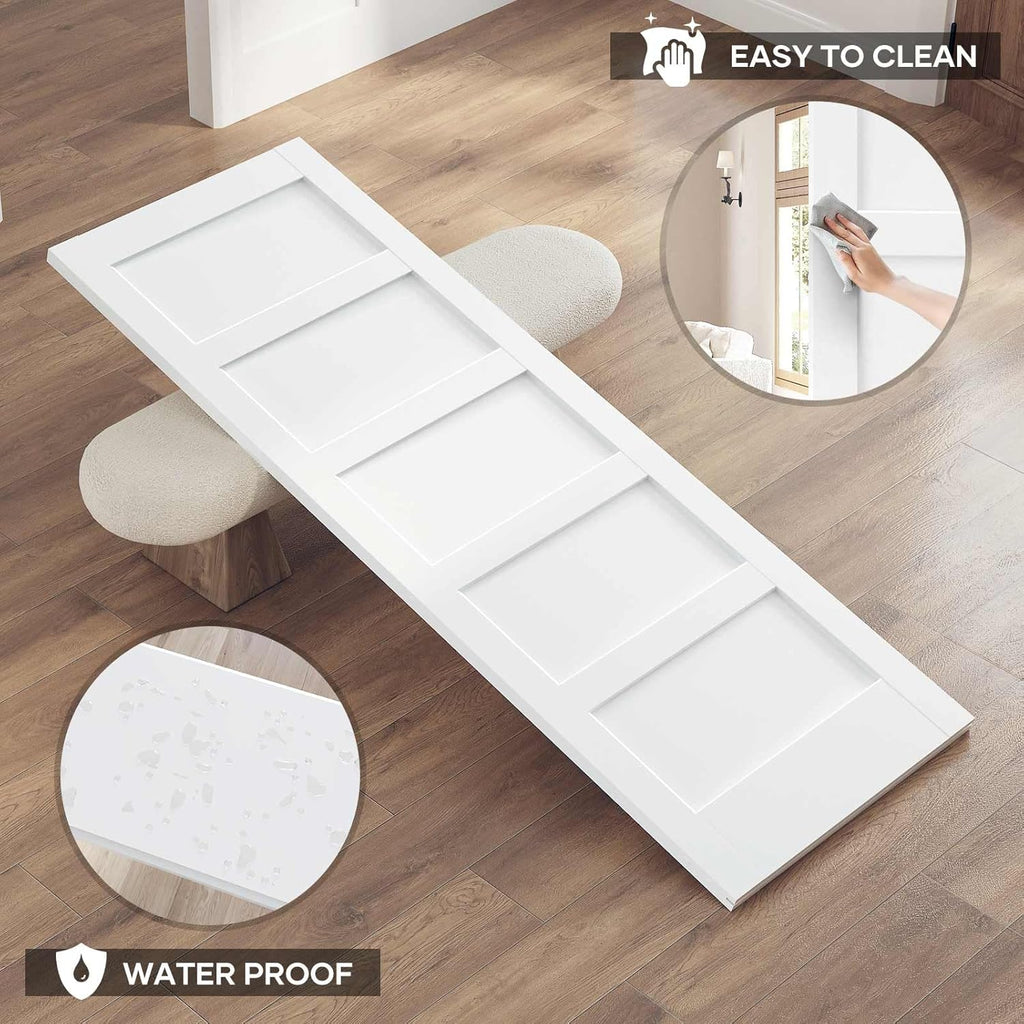 30x96 Inch White Sliding Barn Door Slab with 5.5ft Hardware Kit Included, 5-Panel, MDF Wood Panel Co