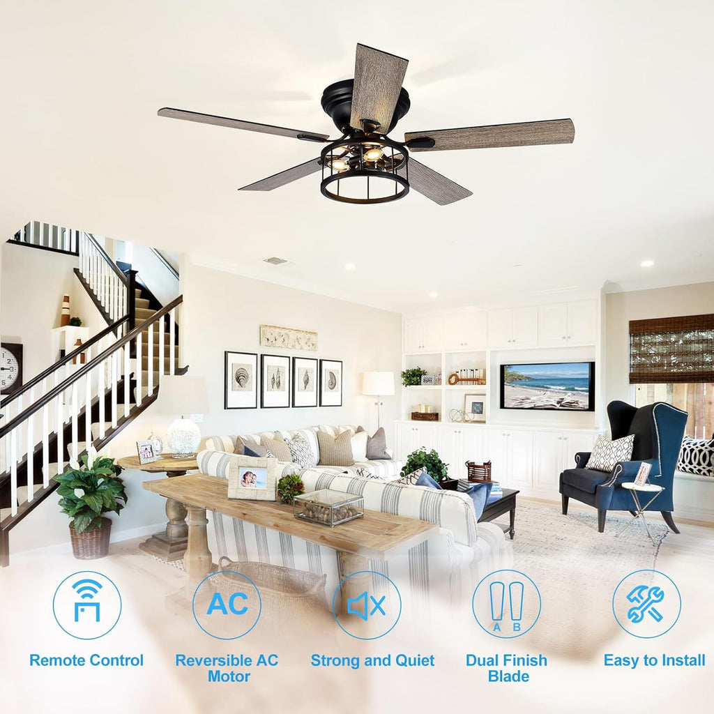 52 Inch Flush Mount Farmhouse Rustic Ceiling Fan with Light and Remote, Reversible AC Motor, 5 Dual Finish Blades