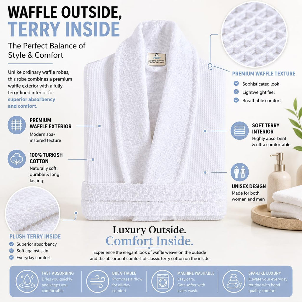 Cotton Waffle Bathrobe, Luxury Spa Hotel Shawl Collar Robe for Women & Men, Plush Terry Inside