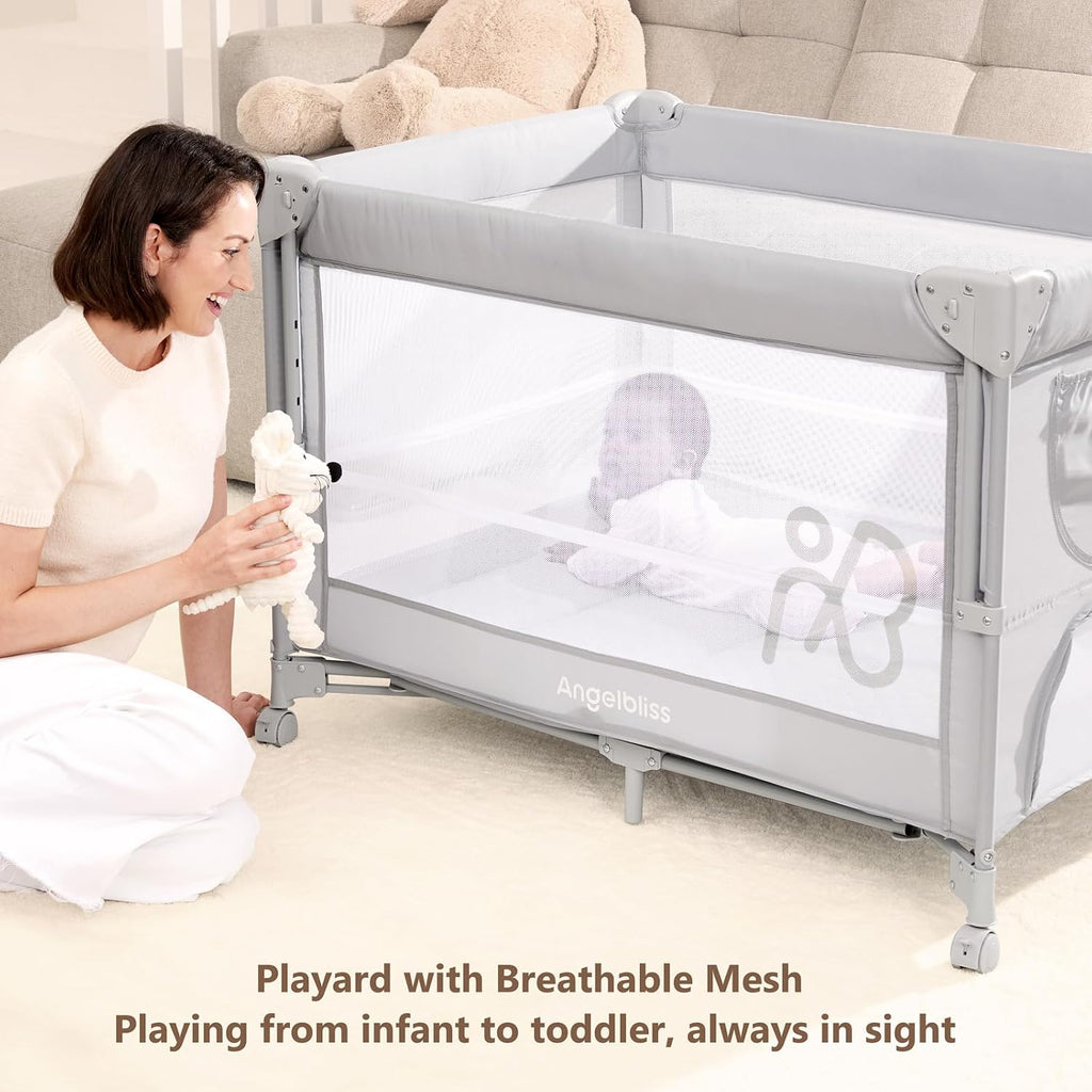 Pack and Play, Baby Bassinet Bedside Crib with Changer, Grey | One-push setup, mattress, breathable mesh, adjustable