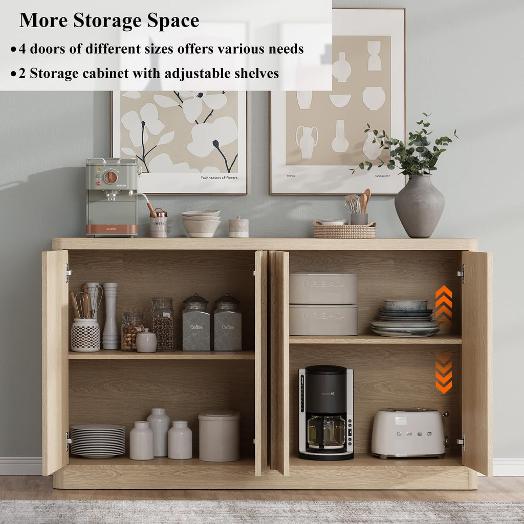 Fluted Buffet Cabinet with Storage, 120" Sideboard Buffet Storage Cabinet with 8 Doors & Adjustable Shelves, Wood