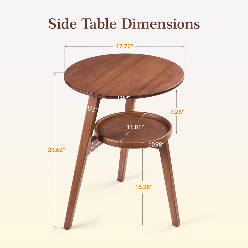 2-Tier Round Bamboo Side Table, Mid Century Modern