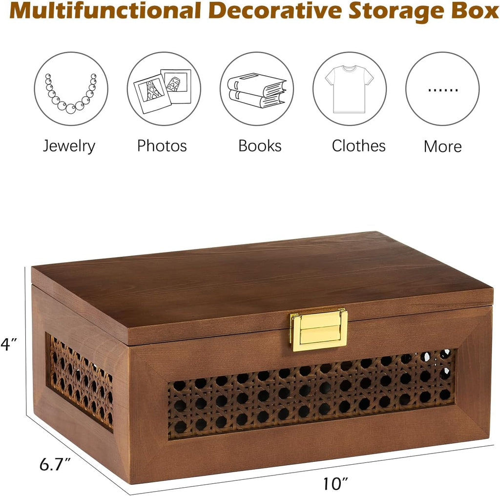 Decorative Rattan Storage Boxes Baskets with Lid Wooden Frame