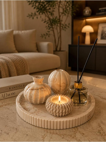 Marble Pattern Decorative Tray Set - Handmade Living Room Decor with Vase, Reed Diffuser, and Candle Holder - 5 Piece