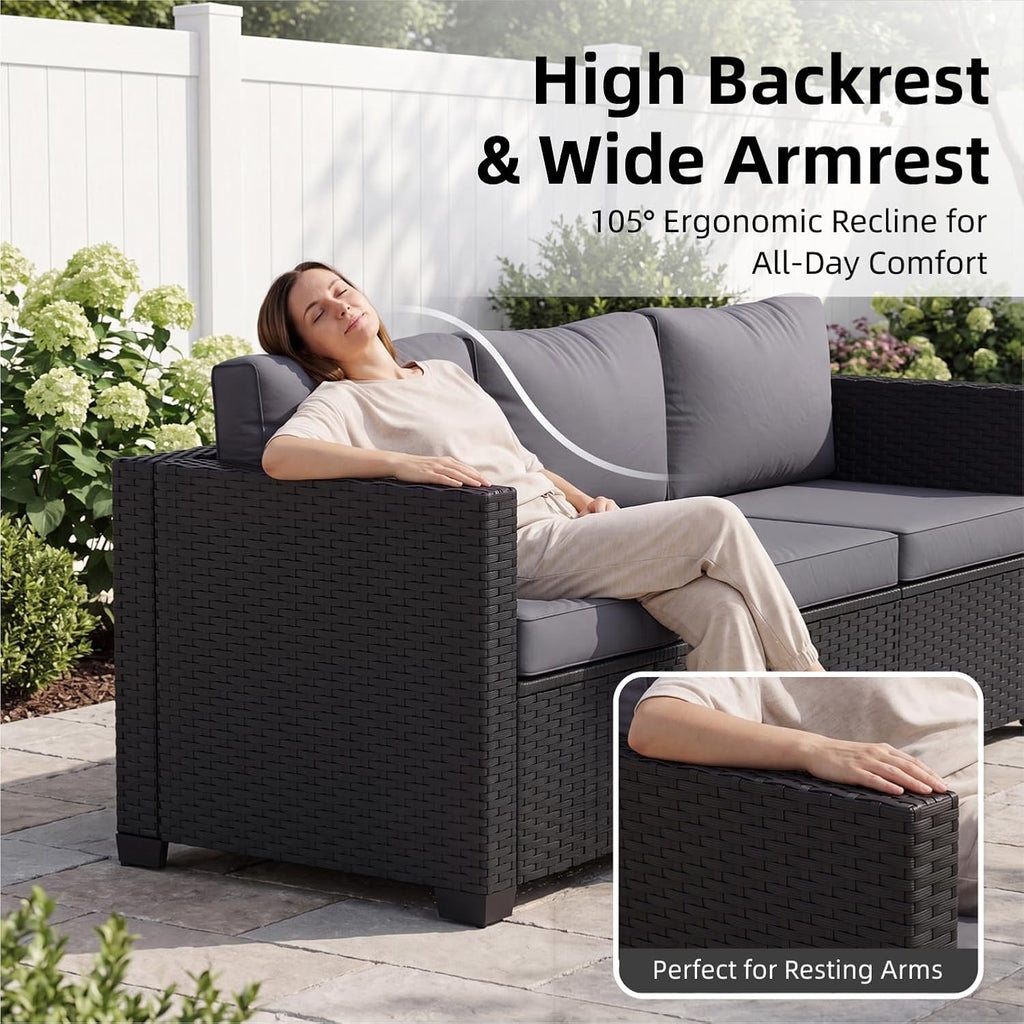 7-Piece Outdoor Patio Furniture Set, Grey | Rattan Outdoor Sectional with Thick Waterproof Cushions, Ottomans &