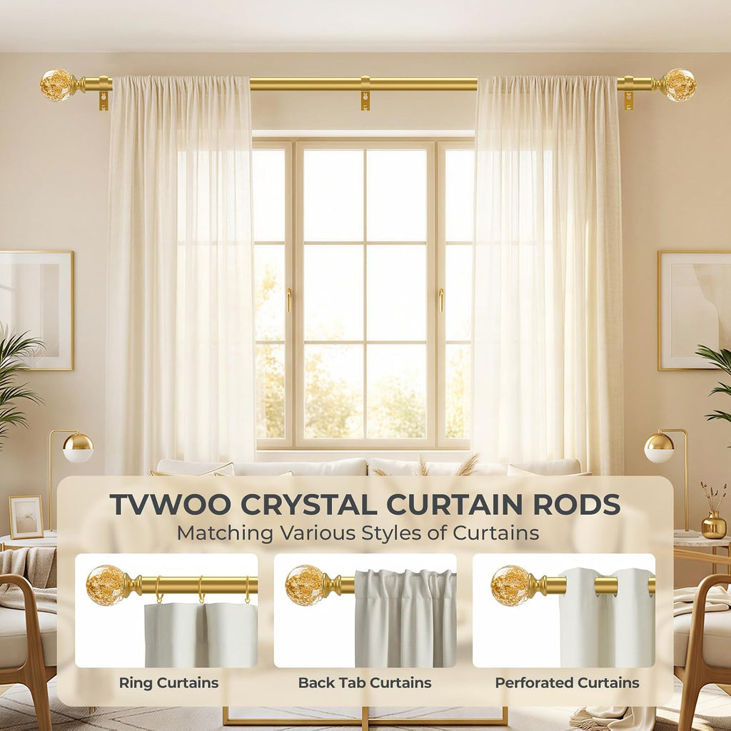 Gold Decorative Crystal Curtain Rods,1" Heavy Duty Adjustable 18-45"