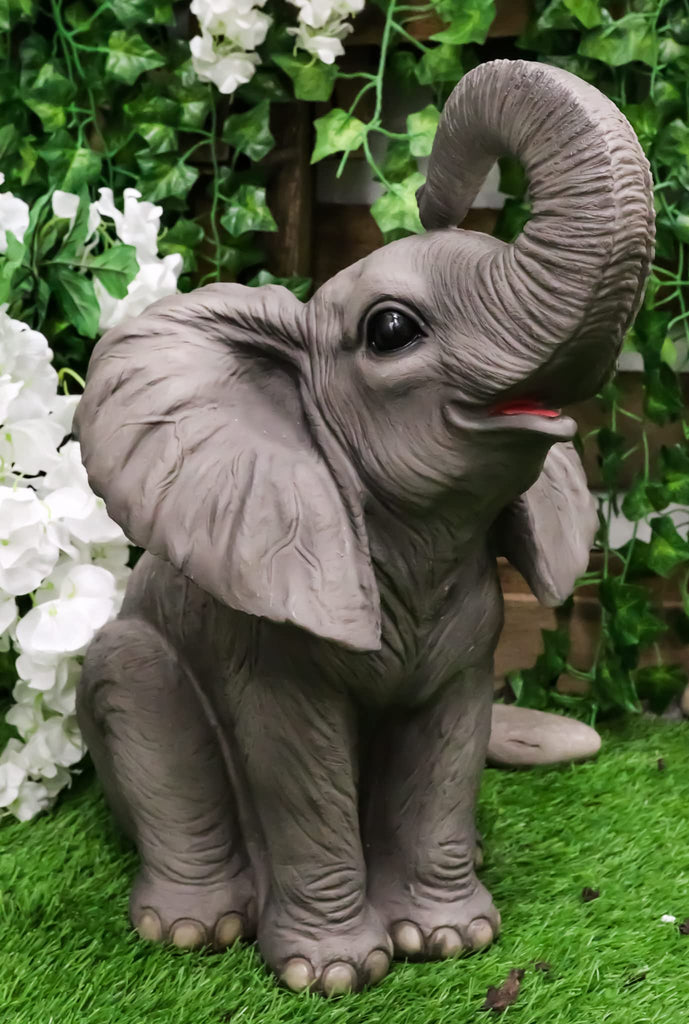 Ruby The Elephant Sitting Pretty with Trunk Up Large Statue 17" Tall Circus Carnival Elephants Fortune Feng Shui