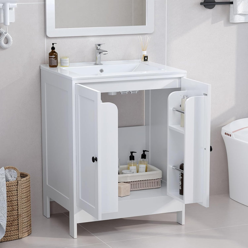 Bathroom Vanity with Ceramic Sink, 24 Inch White Bathroom Sink Cabinet Combo, Restroom Basin Cabinet with 2 Doors,Modern Lavatory Laundry Room Freestanding Organizer w/4-Tier-Hidden Storage