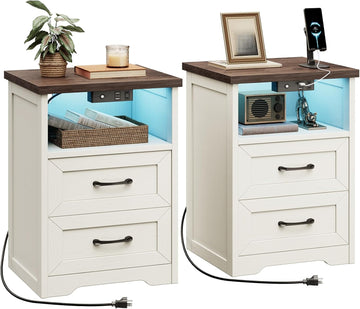 Farmhouse Nightstand Set of 2, Bedside Tables with Charging Station & LED Lights, End Tables with Two Drawers and