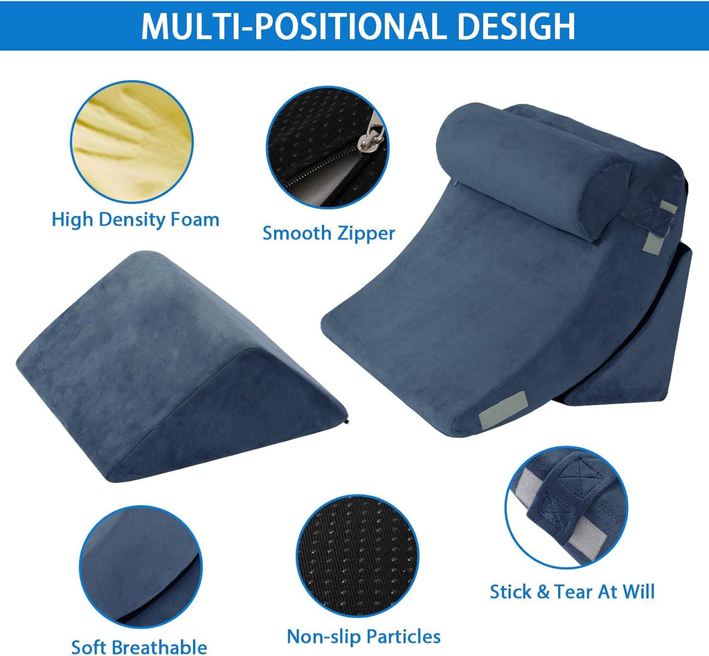 SlumberSlope 4PCS Orthopedic Bed Wedge Pillow Set Triangular Support Pillow Adjustable Foam Bed Wedge Pillow for