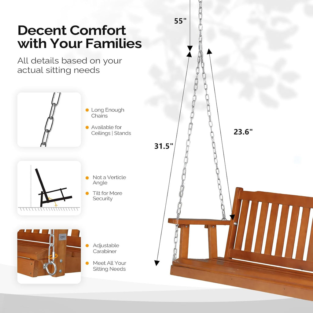 Upgraded 5 FT Wooden Porch Swing, 880 LBS Solid Fir Wood, Brown | Heavy-Duty Fir Wood Frame; 880-Lb Capacity;