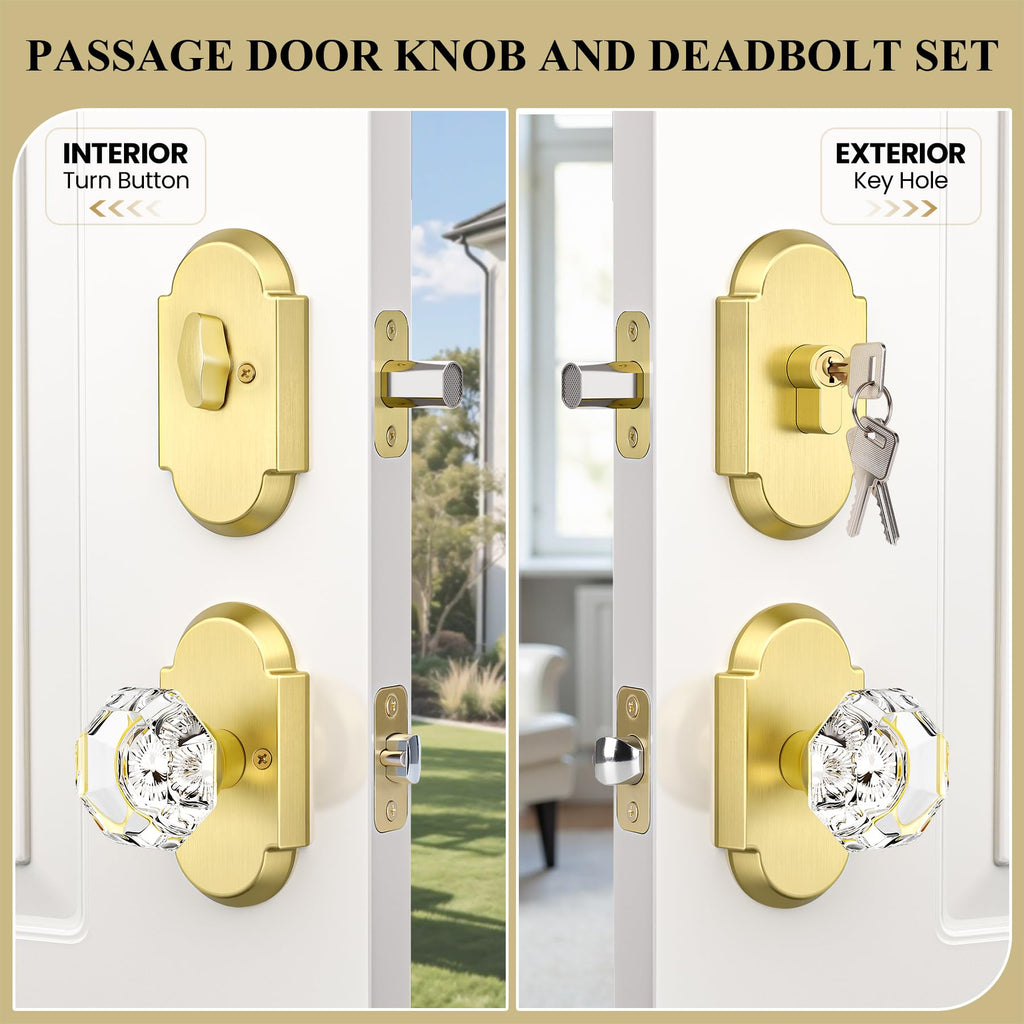 Satin Gold Door Knobs with Deadbolt, Glass Door Knob with Deadbolt Lockset