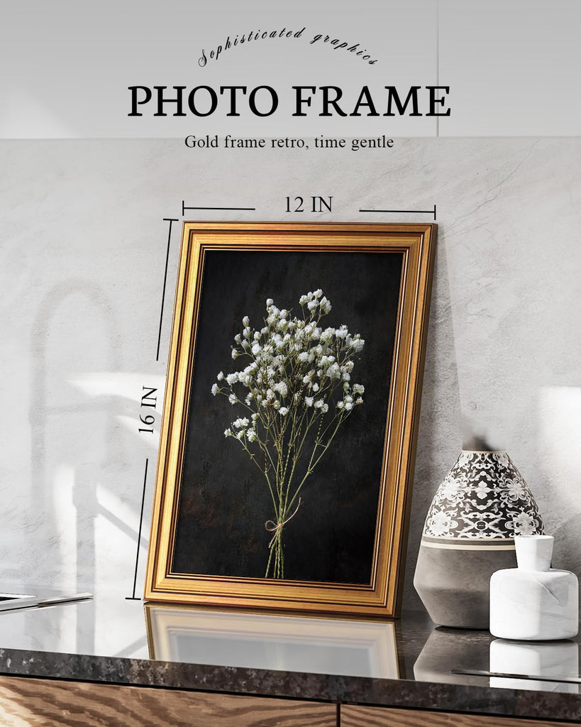 Vintage Gold Framed Wall Art, Retro Dark Dried Wildflower Canvas, Aesthetic Classic Botanical Baby Breath Bouquet